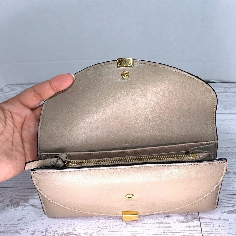 Chloe‎ Leather Wallet Clutch Taupe Gold Hardware Foldover Double Flap